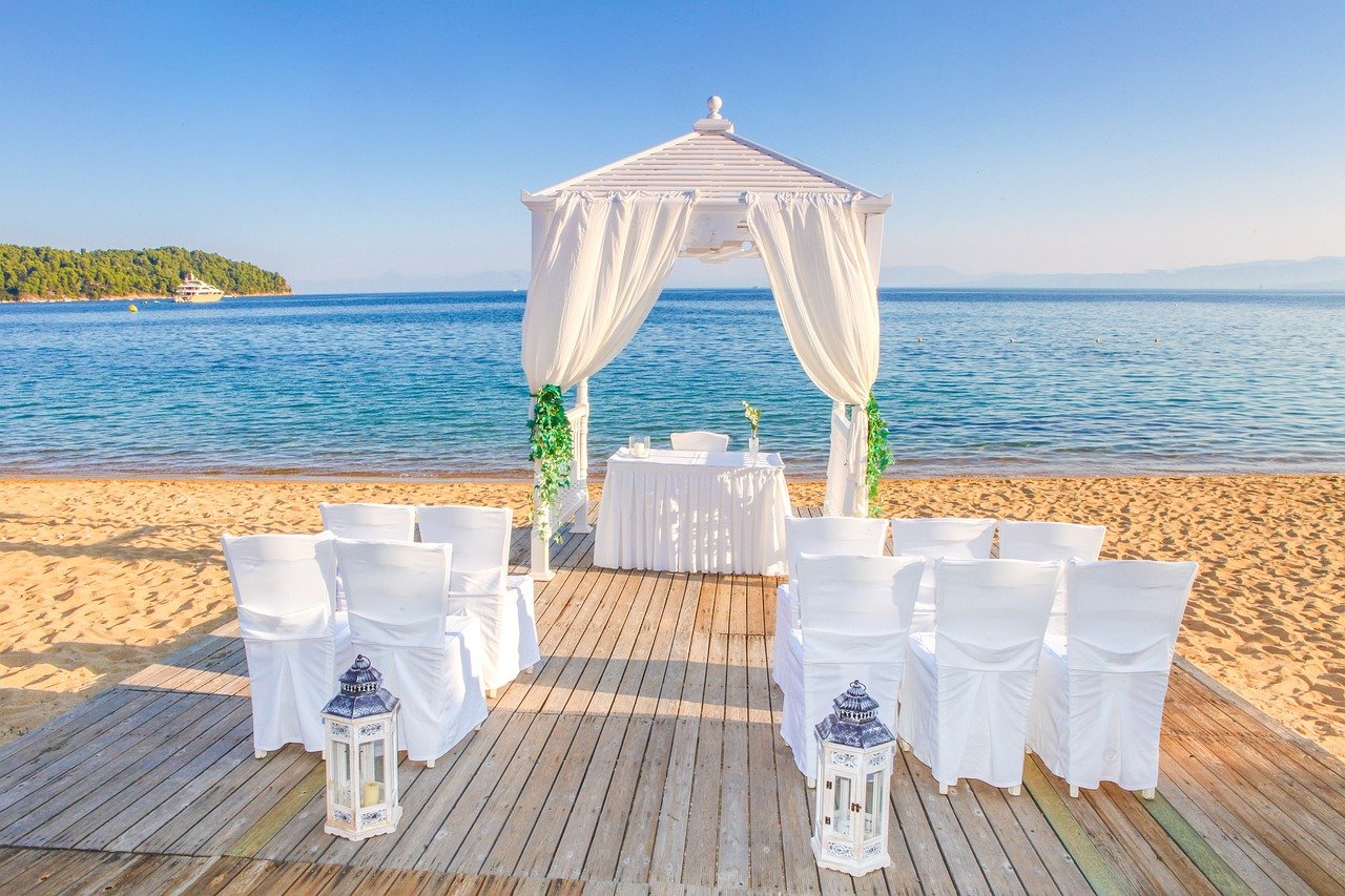 wedding, marriage, nature, tables, blue sky, chairs, gazebo, beach, sunshine, sand, ocean, sea, blue, sky, clouds